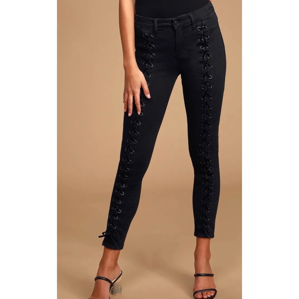 Neon Blonde Lace-up Black Skinny Jeans